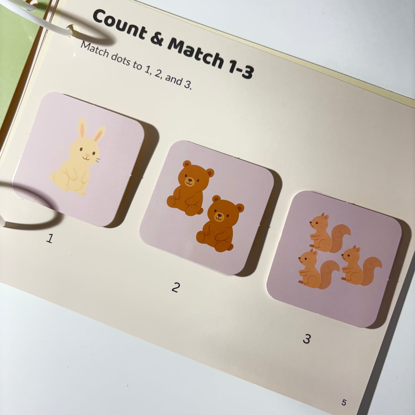 Inside pages showing color and shape activities with Lumi the bear